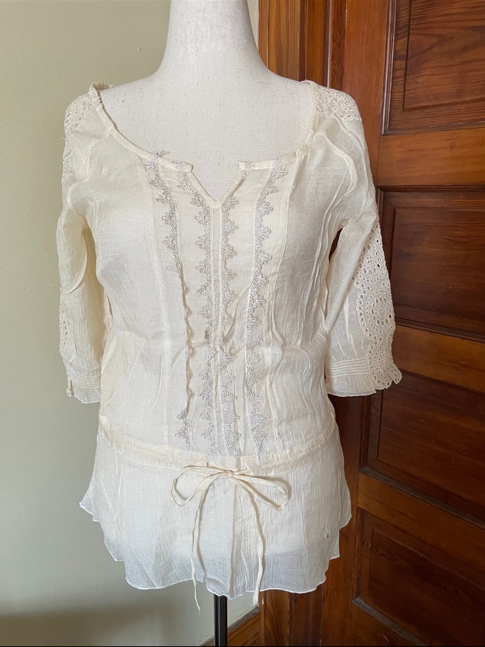 Antilia Femme Cream Embroidered Boho Tie-Waist Blouse